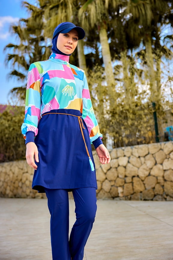 Marina Women's Modest Full Coverage Burkini Set - Navy Blue Islamic Swimsuit, Model M2511