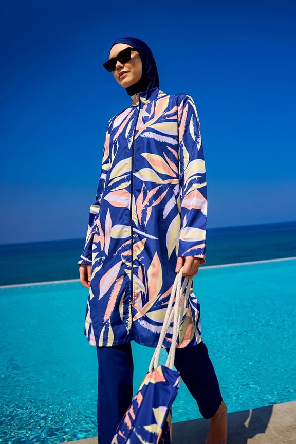 Navy Blue Full Coverage Modest Swimwear Set For Women R2508