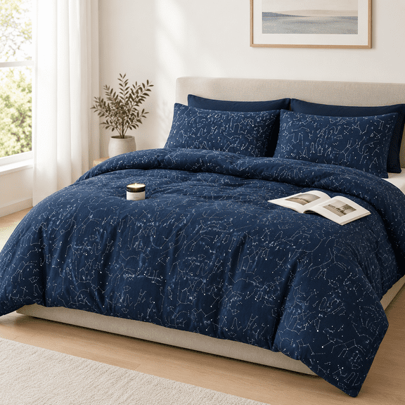 Navy Blue Full Size Celestial Space Star Galaxy Astrology Soft Lightweight 3 Piece Comforter Bedding Set