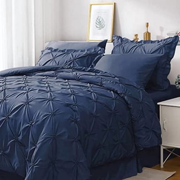 Navy Blue Full Size Comforter Sets 7 Pieces, Pintuck Bed in a Bag Comforter Set for Bedroom, Bedding Comforter Sets with Comforter, Sheets,Ruffled Shams & Pillowcases