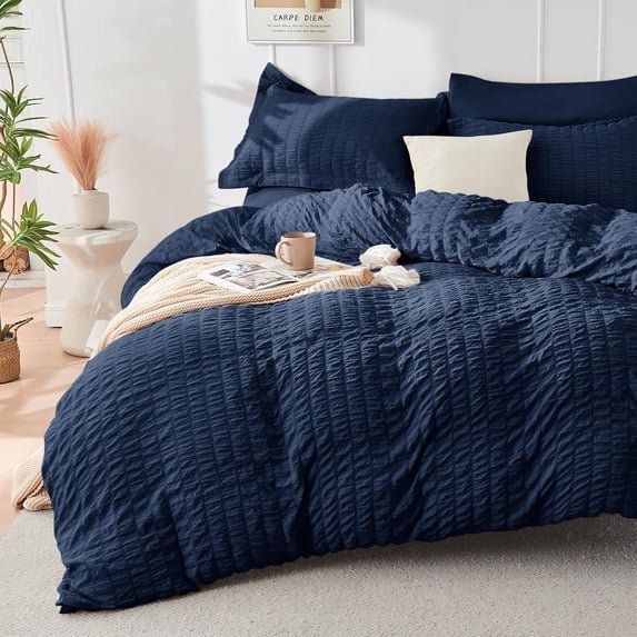 Cover 2 Navy Blue Full Size Duvet Cover Set, Ultra Soft 3-Piece Seersucker ...