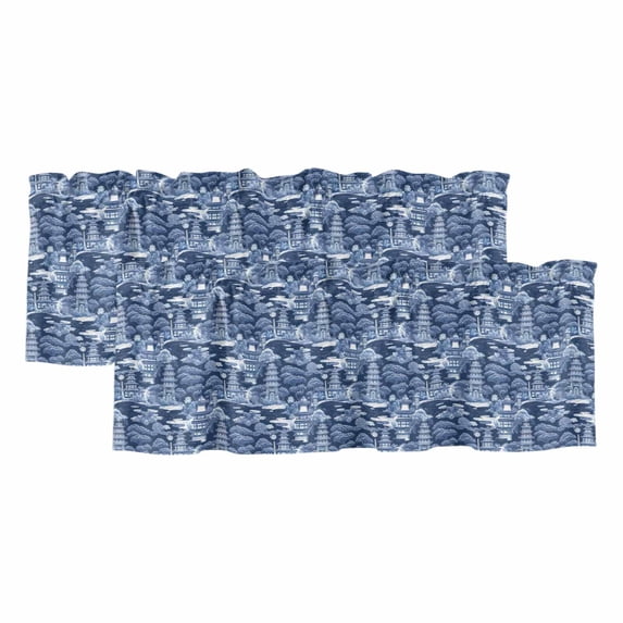 Navy Blue Garden Curtain Valances for Windows, Kitchen Valance Window Treatments Panel 2 Pack, Modern Art Building Trees Landscape Rod Pocket Short Curtains for Bathroom Bedroom 60 x 18 Inch