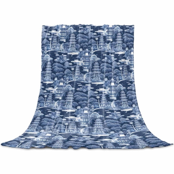 Navy Blue Garden Flannel Blanket for Bed, Modern Art Building Trees Landscape Soft Cozy Warm Couch Throw Blanket, Lightweight Fluffy Plush Bedding Blankets for Sofa Decor All Season 31.5"x47"