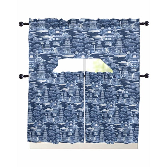 Navy Blue Garden Kitchen Curtains Sets 24 Inch Length with Valance, Modern Art Building Trees Landscape Swag Valances and Tiers Curtain Set Drapes Swag Curtains for Living Room, Bathroom, Bedroom