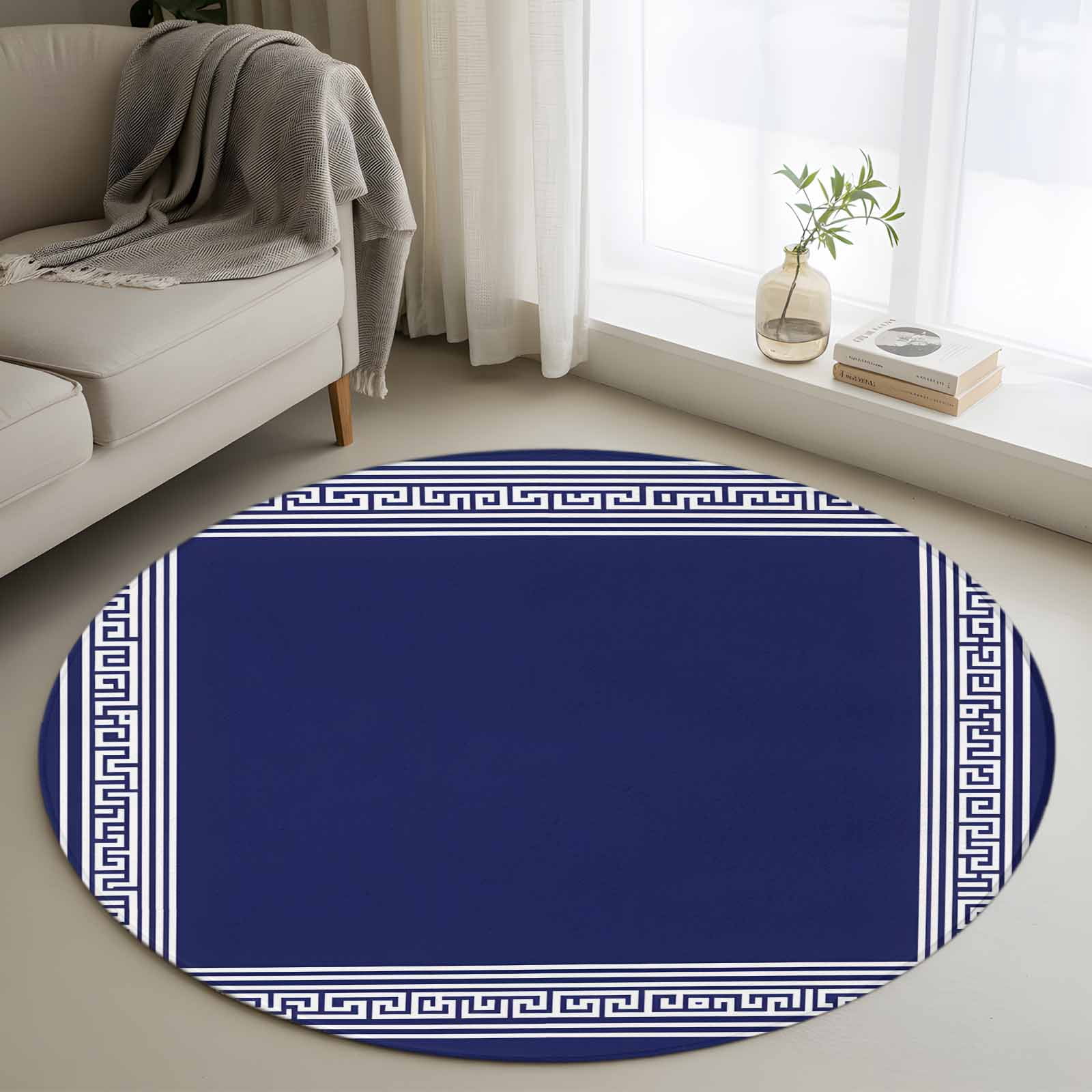 Navy Blue Geometric 3ft Round Rug, White Greek Key Design Abstract ...