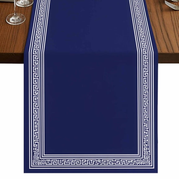 Navy Blue Geometric 60 Inch Table Runner, White Greek Key Farmhouse Farmhouse Dresser Scarf Cotton & Linen Tablerunner for Dining/Kitchen Island/Holiday Party Décor 13" x 60"