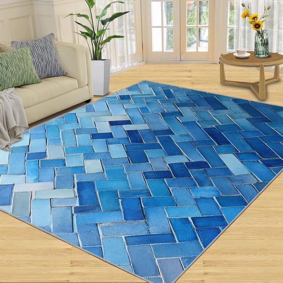 Navy Blue Geometric Area Rug, Modern Abstract Washable Rug, Non Slip Low Pile Carpet for Living Room Bedroom Home Decor 2x3ft