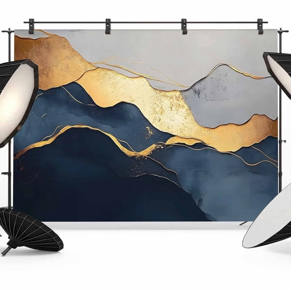 Navy Blue Geometric Backdrop for Photography,Fabric Photo Background Backdrop,Modern Abstract Luxury Golden Photo Booth Background for Portrait Photoshoot Video Wedding Studio Decoration Banner 7x5ft