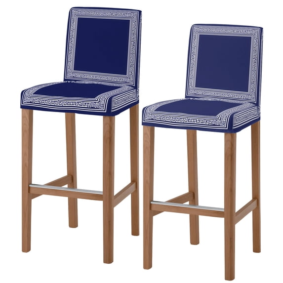 Navy Blue Geometric Bar Stool Cover Set of 2, White Greek Key Design Abstract Modern Art Stretch Bar Chair Cover, Removable Washable Pub Counter Stool Chair Slipcover for Kitchen Dining Room Pub Cafe