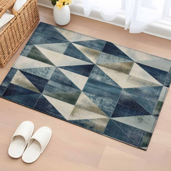 Navy Blue Geometric Bathroom Rug Washable 2x3 Entryway Rug Non Slip Rhombus Modern Abstract Art Front Door Mat Low Pile Indoor Doormat Throw Floor Carpet for Kitchen Bedroom Entrance