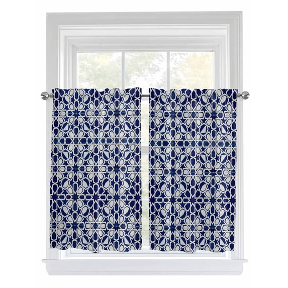Navy Blue Geometric Bathroom Window Curtain, Vintage Abstract Art Light Filtering Coffee Kitchen Curtains, Bedroom Living Room Curtains 2 Panel 84"x54"