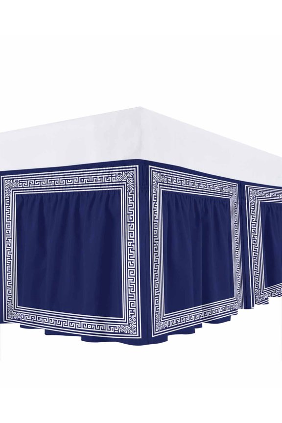 Navy Blue Geometric Bed Skirt Cal King Size, White Greek Key Farmhouse Wrap Around Bed Skirting with Adjustable Elastic Strap, Dust Ruffled Pleated Bedskirts 18 Inch Drop for Bedroom Cal King Beds