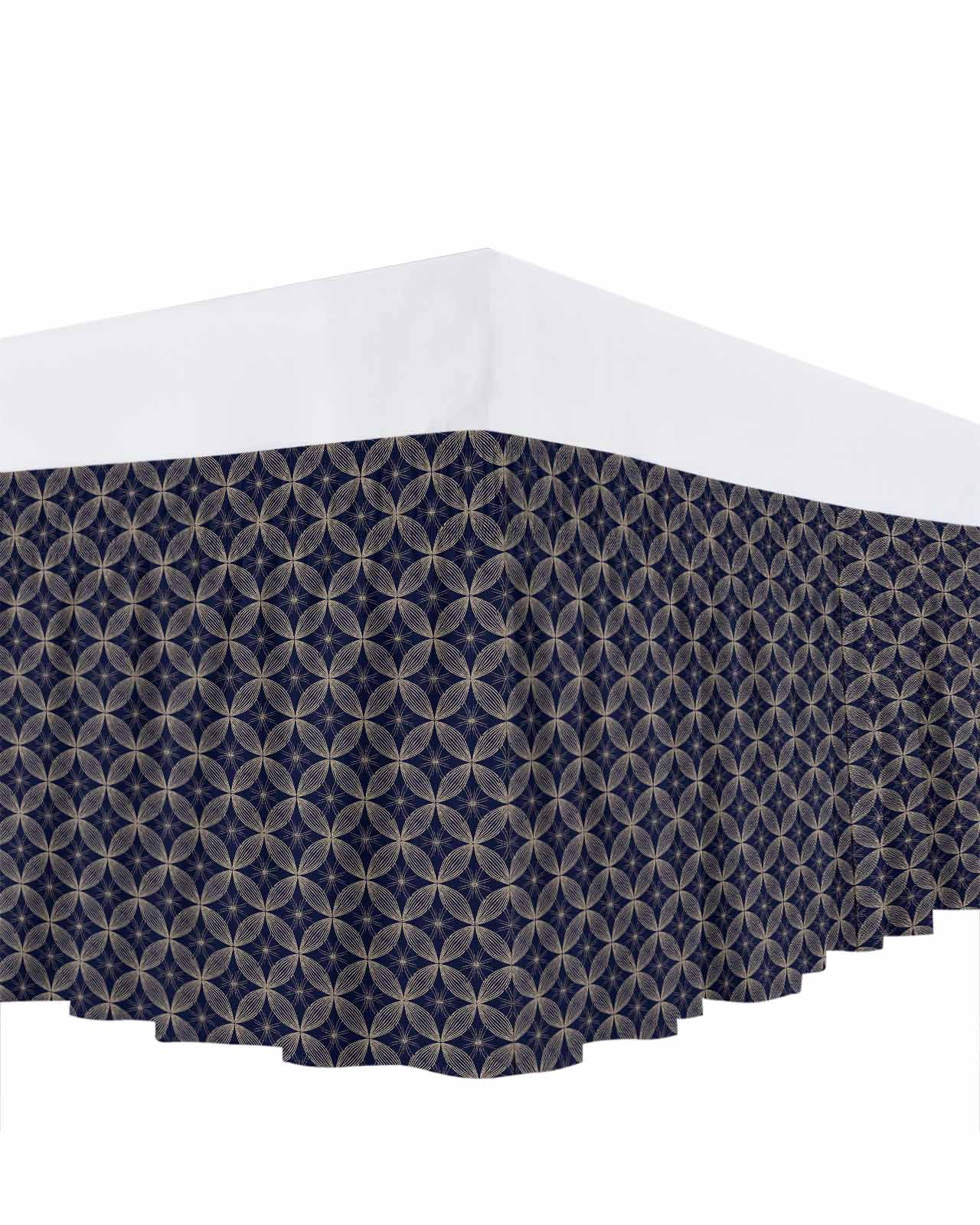 Navy Blue Geometric Bed Skirt Queen Size,Brown Modern Abstract Art Aesthetics Wrap Around Bed Skirting with Adjustable Elastic Strap,Dust Ruffle Pleated Bedskirts 16 Inch Drop for Bedroom Queen Beds