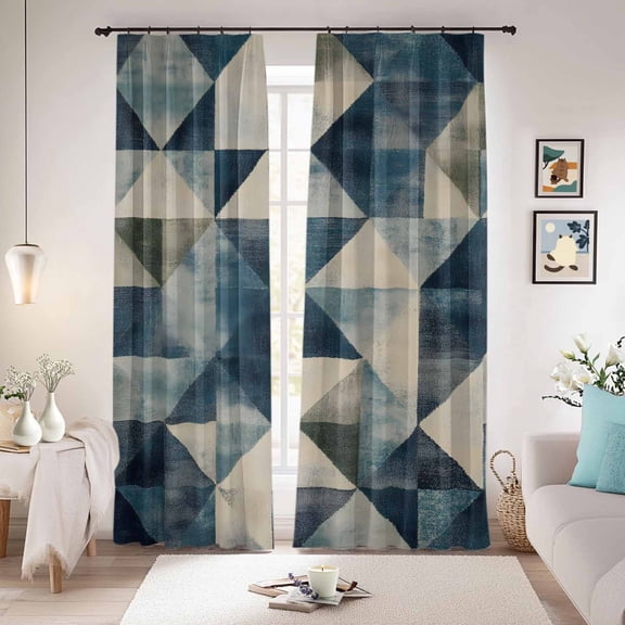 Navy Blue Geometric Blackout Curtains for Bedroom/Living Room, Pinch Pleated Black Out Curtains, Modern Blue Vintage Room Darkening Window Drapes with Hooks 2 Panels, 59"x70"