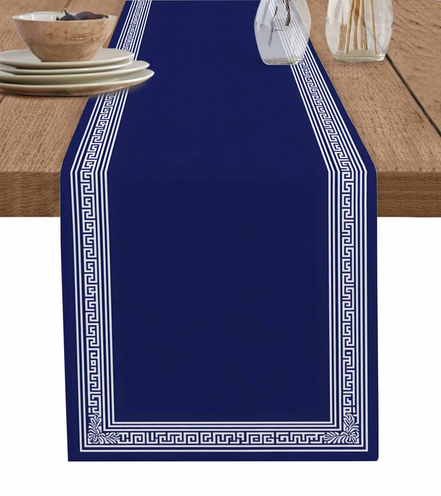 Navy Blue Geometric Burlap Cotton Table Runner 13x108 Inches Long, White Greek Key Farmhouse Farmhouse Table Runners, Outdoor Dining Tablecloths Decor for Baby Shower/Party/Wedding