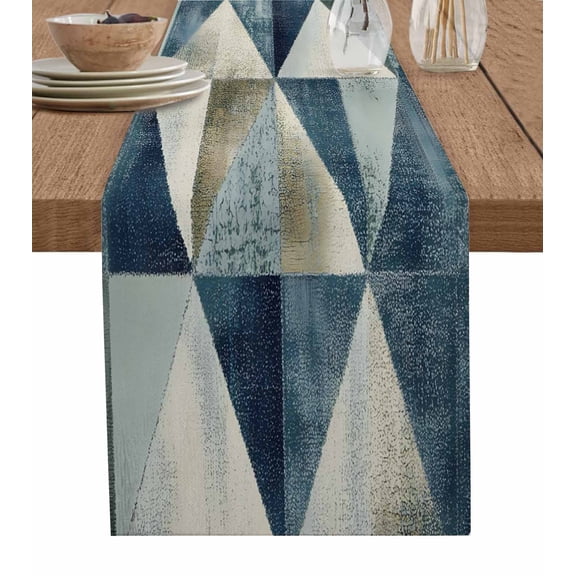 Navy Blue Geometric Burlap Cotton Table Runner 13x36 Inches Short, Rhombus Modern Abstract Art Farmhouse Table Runners, Outdoor Dining Tablecloths Decor for Baby Shower/Party/Wedding