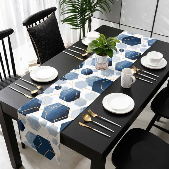 Navy Blue Geometric Cotton Linen Table Runner 18 x 72 inch Gold White Hexagon Modern Non-slip Rectangular Dining Table Decor for Wedding Party Holiday Dinner