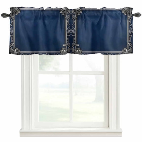 Navy Blue Geometric Curtain Valances for Windows, Kitchen Valance Window Treatment, Farmhouse Geo Retro Art Watercolor Light Filtering Block Curtains for Bathroom/Bedroom/Living Room 42'' x 12''