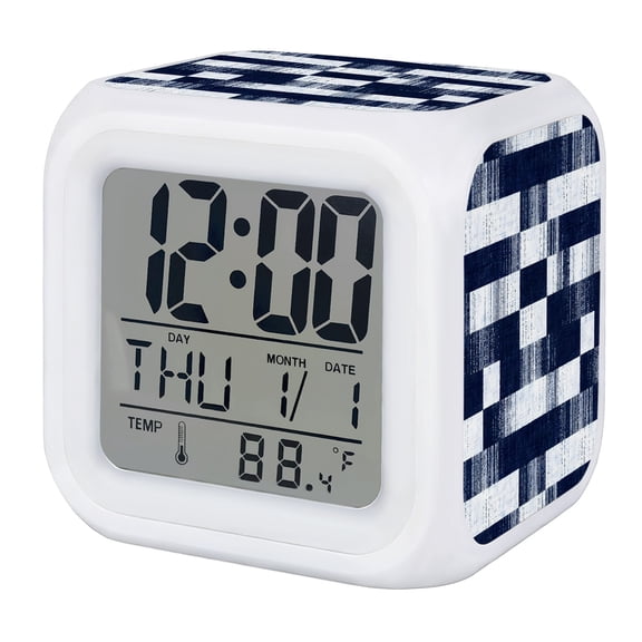 Navy Blue Geometric Digital Alarm Clock for Bedrooms, Smart LED Alarm Clock with 7 Color Changing Night Light, Checkered Modern Abstract Art Silent Wake Up Clocks for Sleep Study Cooking 3.2"x3.2"