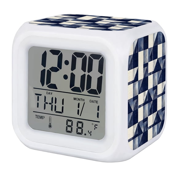 Navy Blue Geometric Digital Alarm Clock for Bedrooms, Smart LED Alarm Clock with 7 Color Changing Night Light, Modern Abstract Art Rustic Silent Wake Up Clocks for Sleep Study Cooking 3.2"x3.2"