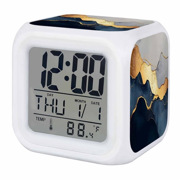 Navy Blue Geometric Digital Alarm Clock for Bedrooms, Smart LED Alarm Clock with 7 Color Changing Night Light, Modern Abstract Luxury Golden Silent Wake Up Clocks for Sleep Study Cooking 3.2"x3.2"