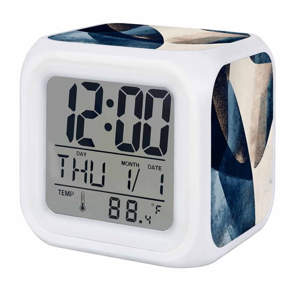 Navy Blue Geometric Digital Alarm Clock for Bedrooms, Smart LED Alarm Clock with 7 Color Changing Night Light, Modern Beige Abstract Art Silent Wake Up Clocks for Sleep Study Cooking 3.2"x3.2"