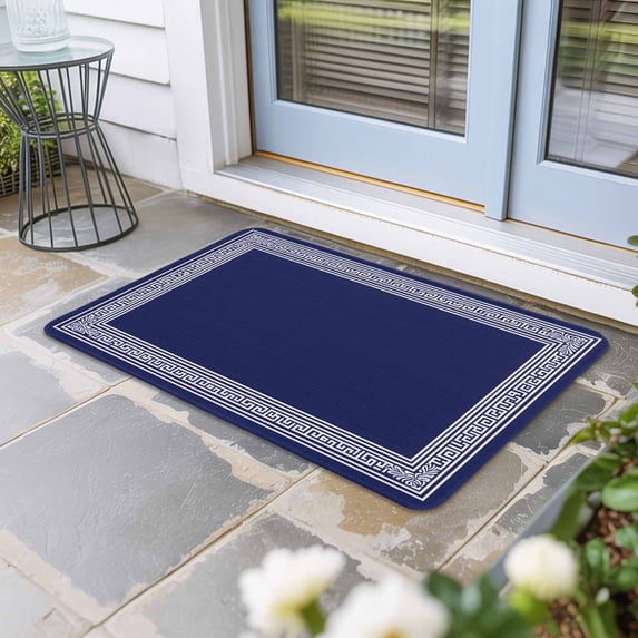 Navy Blue Geometric Door Mat Indoor Outdoor, White Greek Key Farmhouse Non Slip Welcome Mat with Rubber Backing, Absorbent Fabric Front Door Mats Entryway Rug for Home Patio Entrance 24"x36"