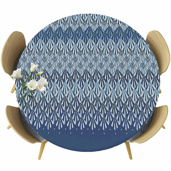 Navy Blue Geometric Fitted Tablecloth with Elastic Edged, Round Table Cloth for Dining Table, Modern Plaid Abstract Art Aesthetics Waterproof Oil Proof Table Cover for Indoor Outdoor 36"-44"