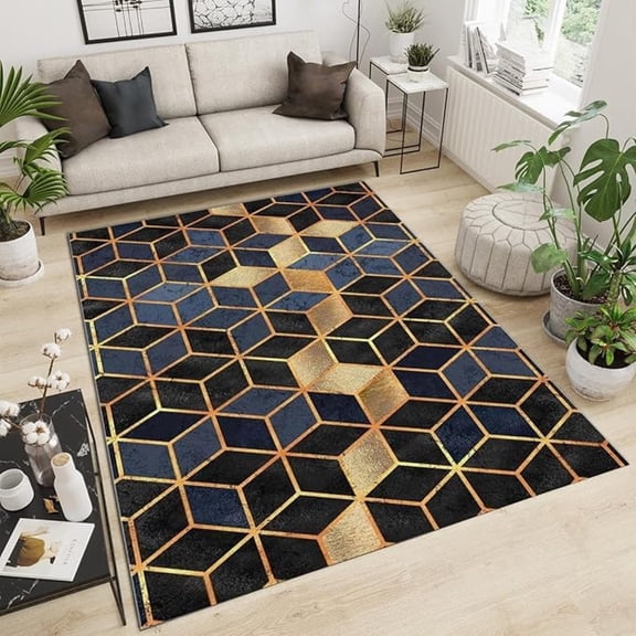 Navy Blue Geometric Honeycomb Area Rugs, Luxurious Golden Irregular Lines Large Carpet, With Anti-Slip Backing Washable Floor Rug For Living Room Bedroom Study Dining Room 5x8ft