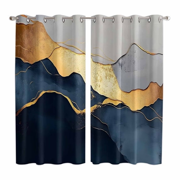 Navy Blue Geometric Kitchen Curtains 84 Inch Length, Modern Abstract Luxury Golden Grommet Top Bedroom Living Room Curtains, Light Filtering Cafe Curtain Drapes 2 Panels Set 104''x84''