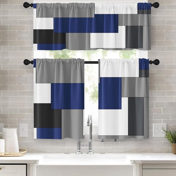 Navy Blue Geometric Kitchen Curtains Checkered Window Curtains Valance and Tier Set 36 Inch, Black Grey White Short Tier Curtain, Modern Abstract Small Kitchen Decor