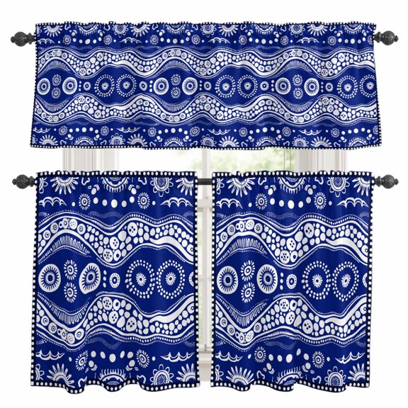 Navy Blue Geometric Kitchen Curtains Sets for Windows 24 Inch Length, Modern Abstract Polka Dots Rod Pocket Window Treatments Tier Curtains and Valances Set for Bedroom/Bathroom