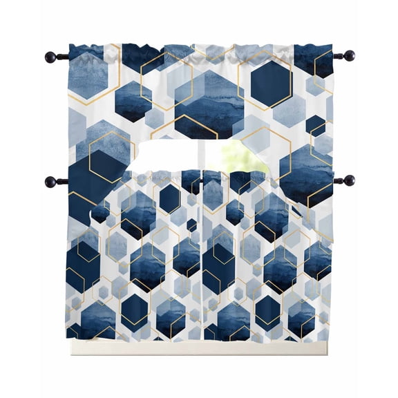 Navy Blue Geometric Kitchen Curtains Swag Valance and Tier Curtains Set 24 Inch Length, Gold White Hexagon Modern Rod Pocket Drape Panels Pair Swag Curtain for Bathroom/Cafe/Window