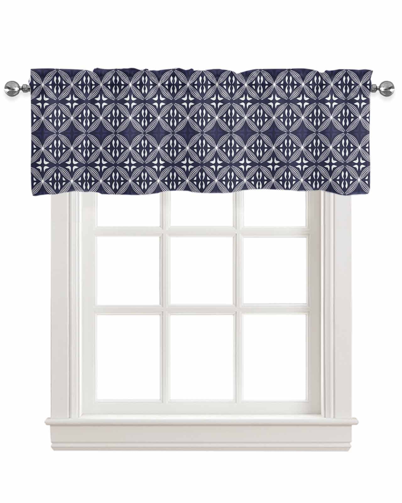 Navy Blue Geometric Linen Curtain Valance for Bedroom/Bathroom/Kitchen/Office/Living/Dining Room ...