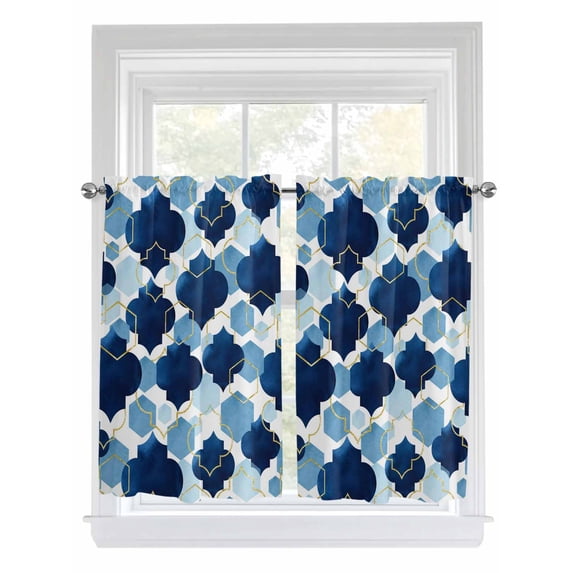 Navy Blue Geometric Moroccan Bathroom Window Curtain, Abstract Art Blue Ombre Modern Light Filtering Coffee Kitchen Curtains, Bedroom Living Room Curtains 2 Panel 84"x45"