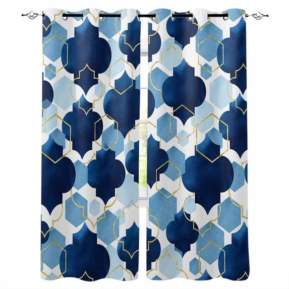 Navy Blue Geometric Moroccan Blackout Curtains for Bedroom, Abstract Art Blue Ombre Modern Thermal Insulated Kitchen Drapes with Grommets, Light Blocking Window Treatment, 2 Panels 52" x 45"
