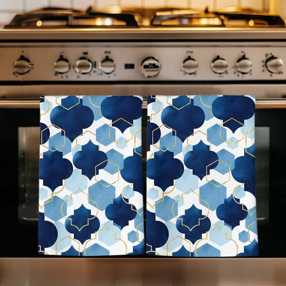 Navy Blue Geometric Moroccan Kitchen Towels Set of 4, Abstract Art Blue Ombre Modern Absorbent Dish Towels for Kitchen, Microfiber Hand Towel, Quick Drying Tea Towel for Cleaning Dishcloths