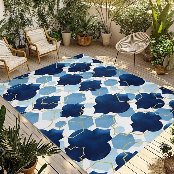 Navy Blue Geometric Moroccan Outdoor Rug 6x9 Ft - Reversible Patio Rug Outdoor Camping Rugs, Abstract Art Blue Ombre Modern Indoor Outdoor Area Rugs, Non-Slip Outdoor Carpet Runner for Deck/Porch