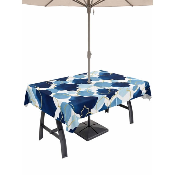 Navy Blue Geometric Moroccan Outdoor Tablecloth - 60x120 Inch Rectangle Dining Table Cover, Abstract Art Blue Ombre Modern Waterproof Outdoor Table Cloth with Umbrella Hole & Zipper for Picnic/Patio