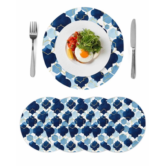 Navy Blue Geometric Moroccan Round 13 Inch Placemats Set of 4, Abstract Art Blue Ombre Modern HeatResistant Non Slip Place Mats for Dining Table, Wipeable Braided Kitchen Table Mats for Housewarming