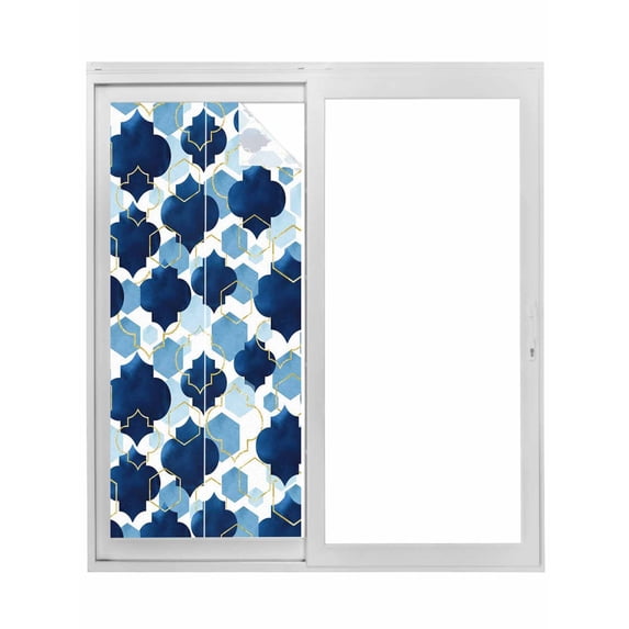 Navy Blue Geometric Moroccan Window Privacy Film, Abstract Art Blue Ombre Modern Static Cling UV Sun Blocking Tint Film Heat Control Windows Films for Bedroom Bathroom, Window Stickers 35.4"x78.7"