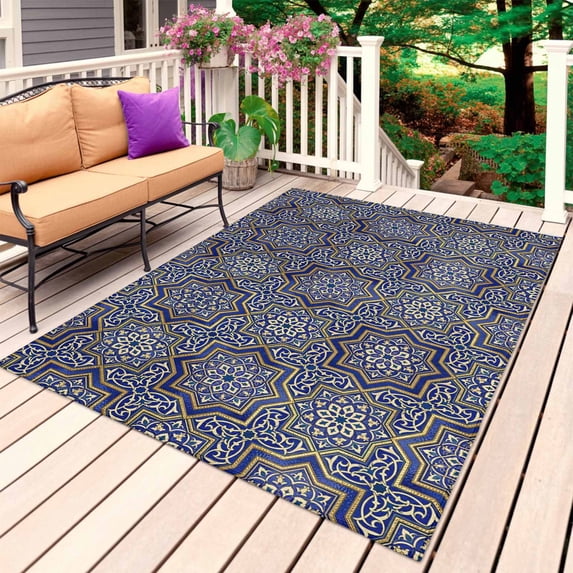 Navy Blue Geometric Outdoor Rug 4x6 Ft, Non Slip Washable Area Rug, Vintage Abstract Floral Texture Patio Rugs Carpet Runner, Large Floor Mat for Indoor/Outdoor Deck Porch Camping