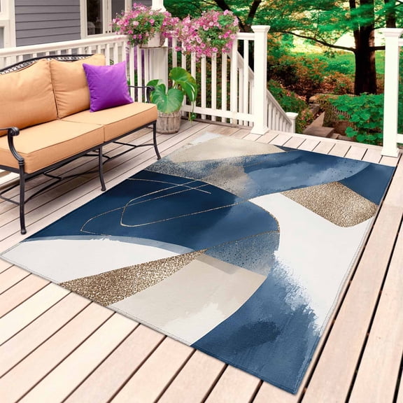 Navy Blue Geometric Outdoor Rug for Patio/Deck/Porch, Non-Slip Large Area Rug 4 x 6 Ft, Abstract Art Modern Indoor Outdoor Rugs Washable Area Rugs, Reversible Camping Rug Carpet Runner