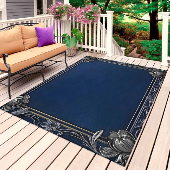 Navy Blue Geometric Outdoor Rug for Patio/Deck/Porch, Non-Slip Large Area Rug 4 x 6 Ft, Farmhouse Geo Retro Art Watercolor Indoor Outdoor Rugs Washable Area Rugs, Reversible Camping Rug Carpet Runner