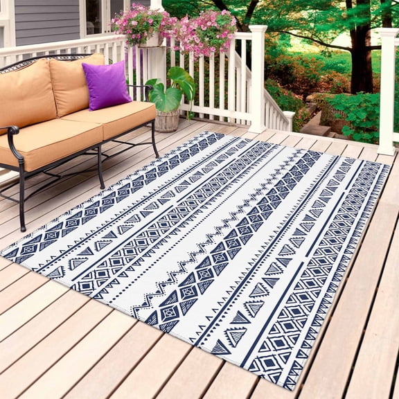 Navy Blue Geometric Outdoor Rug for Patio/Deck/Porch, Non-Slip Large Area Rug 4 x 6 Ft, Modern Art Abstract Indoor Outdoor Rugs Washable Area Rugs, Reversible Camping Rug Carpet Runner