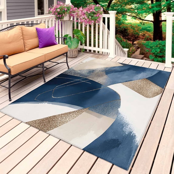 Navy Blue Geometric Outdoor Rug for Patio/Deck/Porch, Non-Slip Large Area Rug 5 x 8 Ft, Abstract Art Modern Indoor Outdoor Rugs Washable Area Rugs, Reversible Camping Rug Carpet Runner