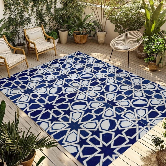 Navy Blue Geometric Outdoor Rug for Patio/Deck/Porch, Non-Slip Large Area Rug 6 x 9 Ft, Vintage Abstract Art Indoor Outdoor Rugs Washable Area Rugs, Reversible Camping Rug Carpet Runner