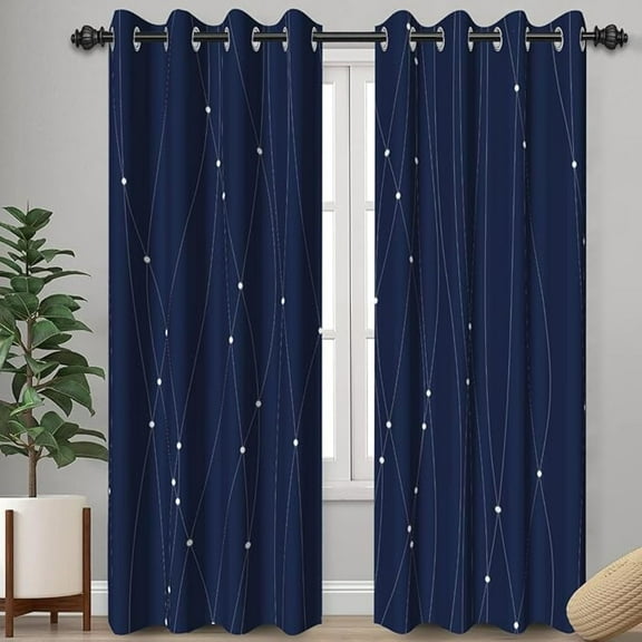 Navy Blue Geometric Pattern Curtains For Bedroom, Modern Line Print White Polka Dot Window Drapes For Living Room, Light Blocking Thermal Insulated Curtains For Home 42"W x 63"L (Pack of 2)