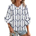 thumbnail image 1 of Navy Blue Geometric Pattern Design Women's V-Neck Blouse With 3/4 Ruffled Bell Sleeves Casual Top Ladies Blouses, 1 of 7