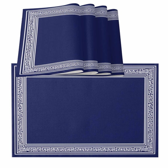 Navy Blue Geometric Placemats for Dinning Table Set of 6, White Greek Key Farmhouse Burlap Kitchen Place Mats Waterproof Cloth Table Mats, Indoor Outdoor Placemats Easy Clean Dinner Decor